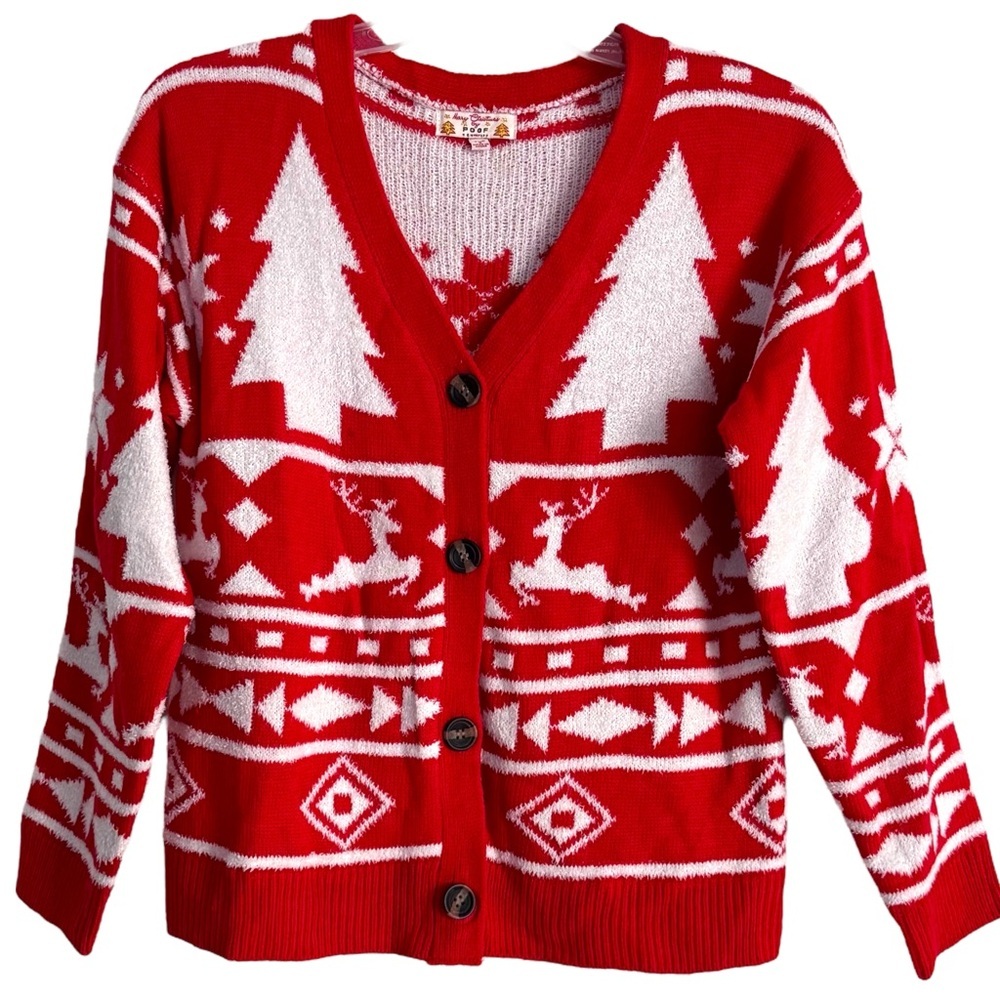 Merry Christmas by Poof Red/White Button Up V-Neck Cardigan Cotton-Acrylic